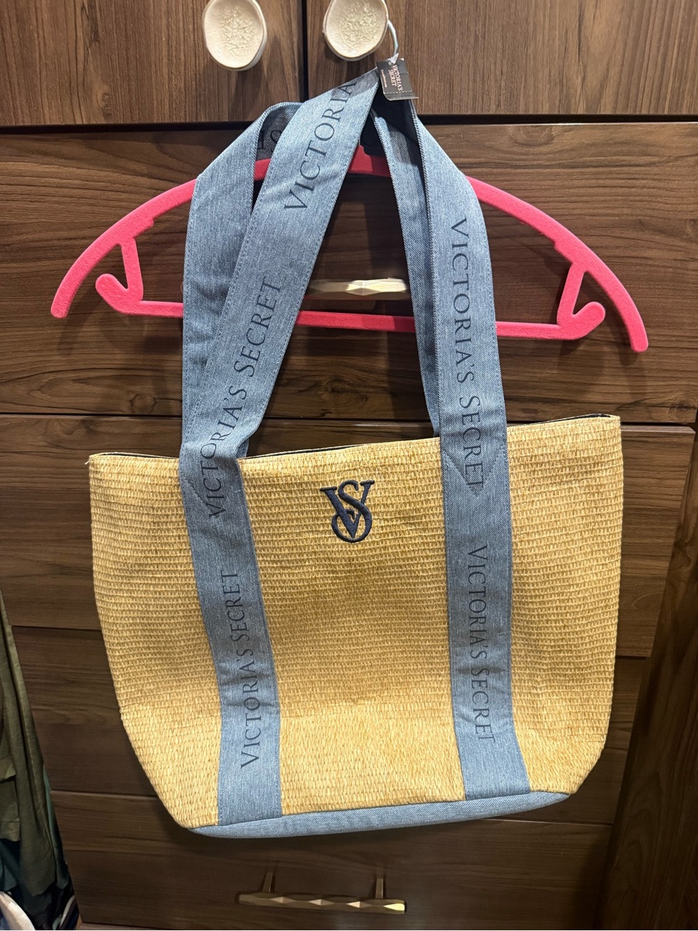 Victoria's Secret Yellow Straw Tote with Denim Logo Straps